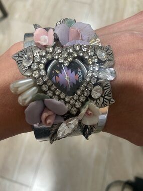 Silver Heart Crystal Floral Cuff Bracelet Watch - Pink & Lavender